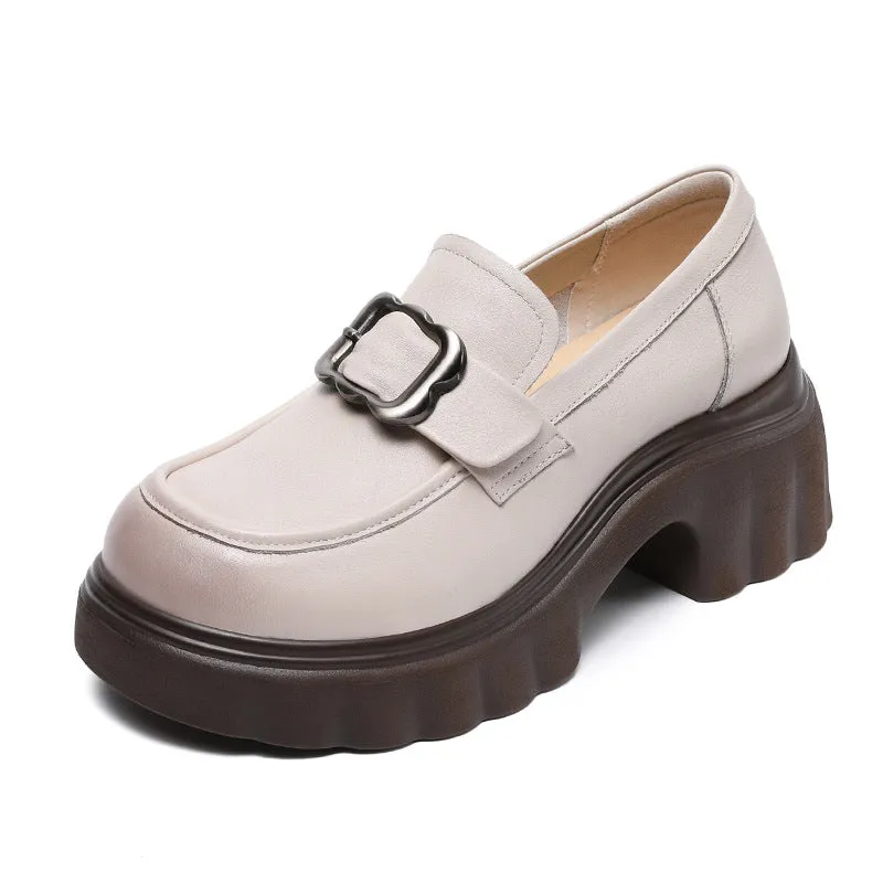 Women Retro Leather Chunky Heel Casual Loafers