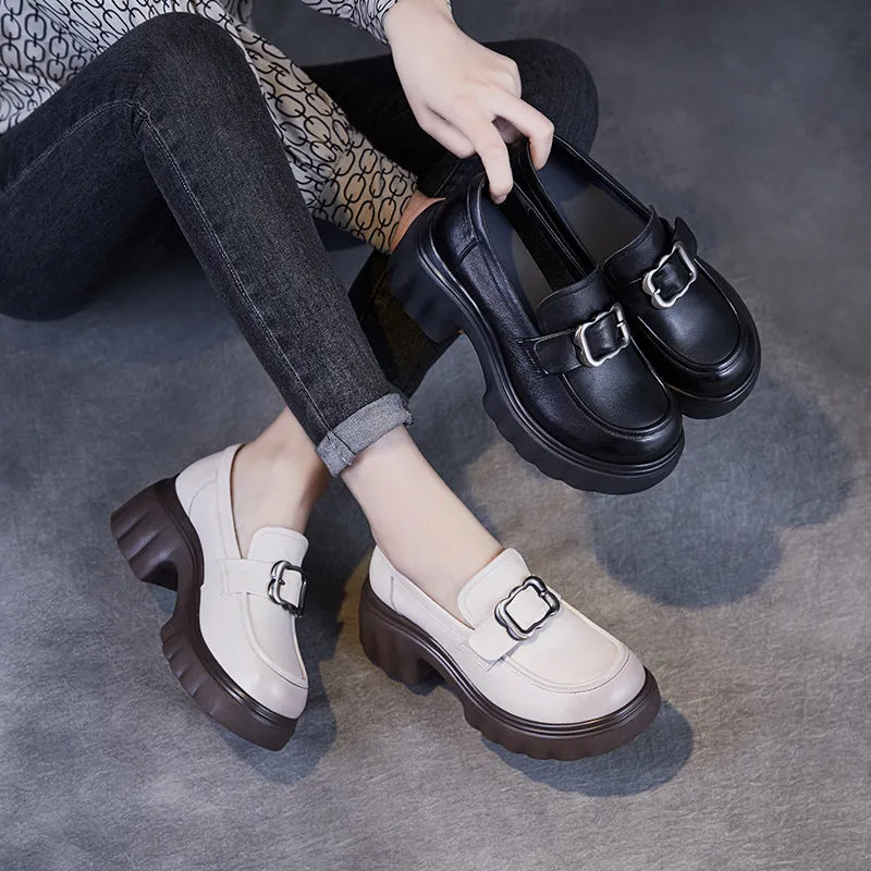 Women Retro Leather Chunky Heel Casual Loafers