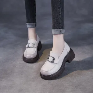 Women Retro Leather Chunky Heel Casual Loafers