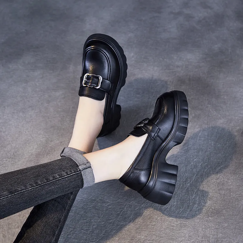 Women Retro Leather Chunky Heel Casual Loafers