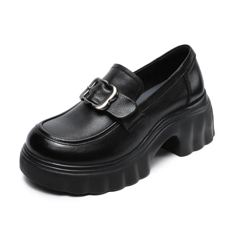 Women Retro Leather Chunky Heel Casual Loafers