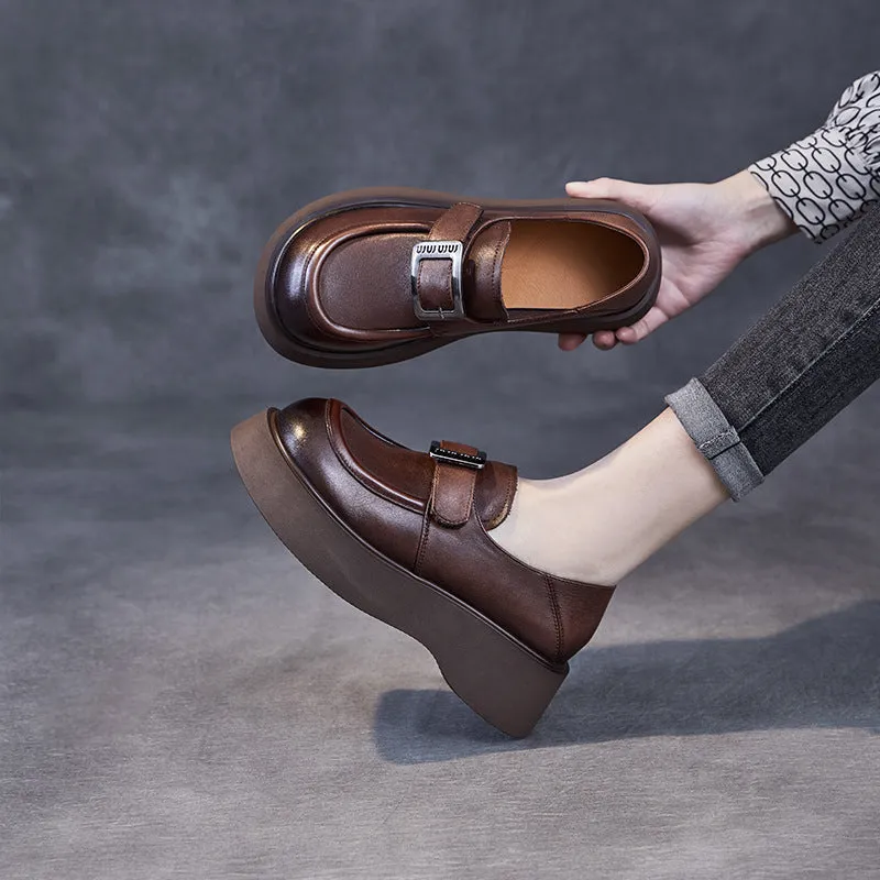Women Retro Solid Leather Thick Soled Casual Loafers