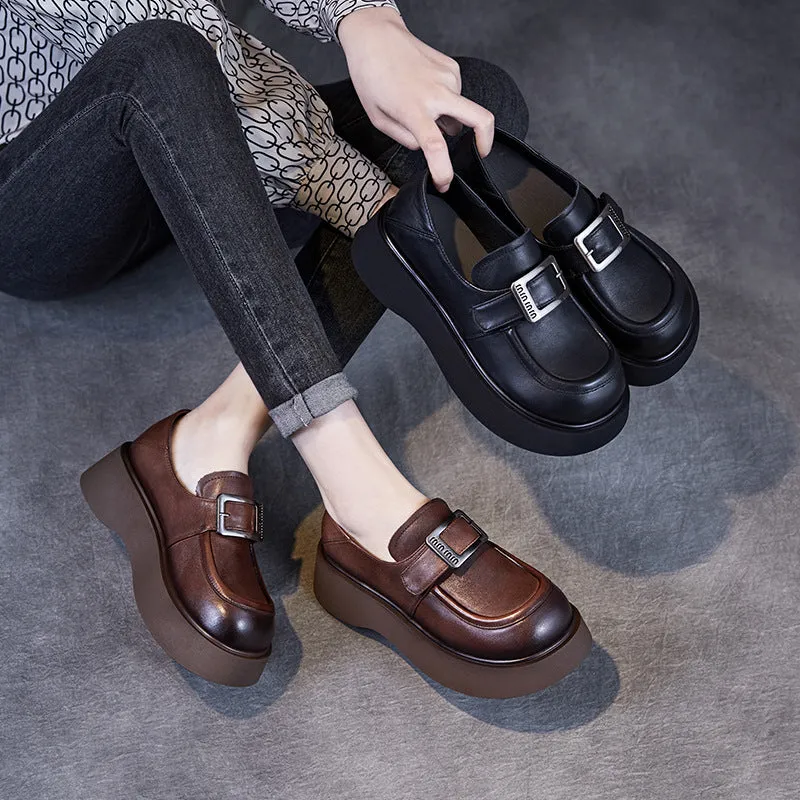 Women Retro Solid Leather Thick Soled Casual Loafers