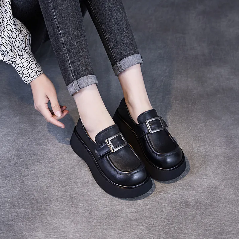 Women Retro Solid Leather Thick Soled Casual Loafers