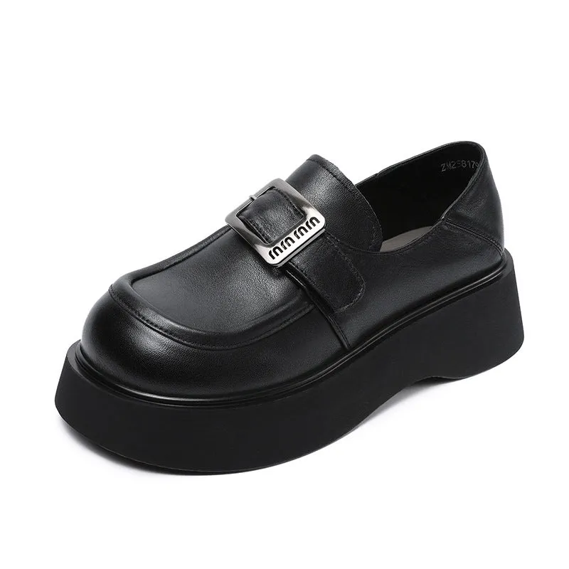 Women Retro Solid Leather Thick Soled Casual Loafers