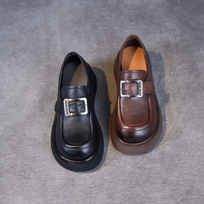 Women Retro Solid Leather Thick Soled Casual Loafers