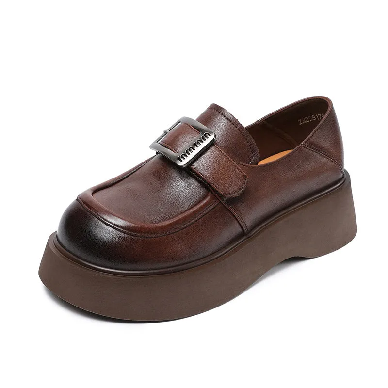 Women Retro Solid Leather Thick Soled Casual Loafers
